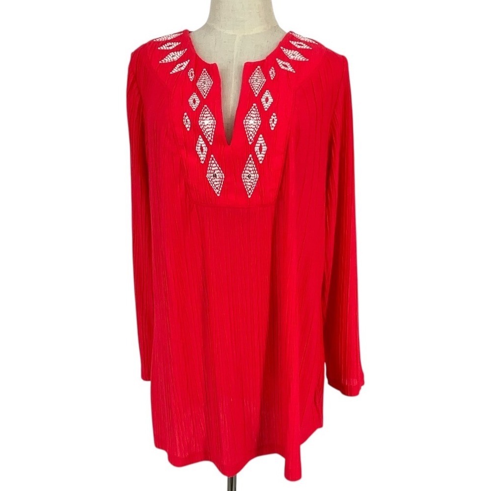 Catalina Red Diamond Embroidered‎ V Neck Tunic Cover-up Top Womens Lg Swim Beach